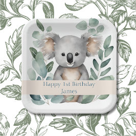 Plato De Papel Acuarela personalizada Koala Bear Cumpleaños