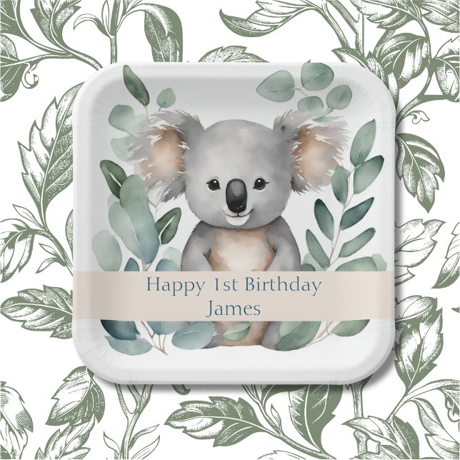 Plato De Papel Acuarela personalizada Koala Bear Cumpleaños (Cute 1st Birthday Party)