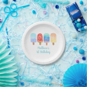 Plato De Papel Acuarela Popsicle Blue Boy Cumpleaños