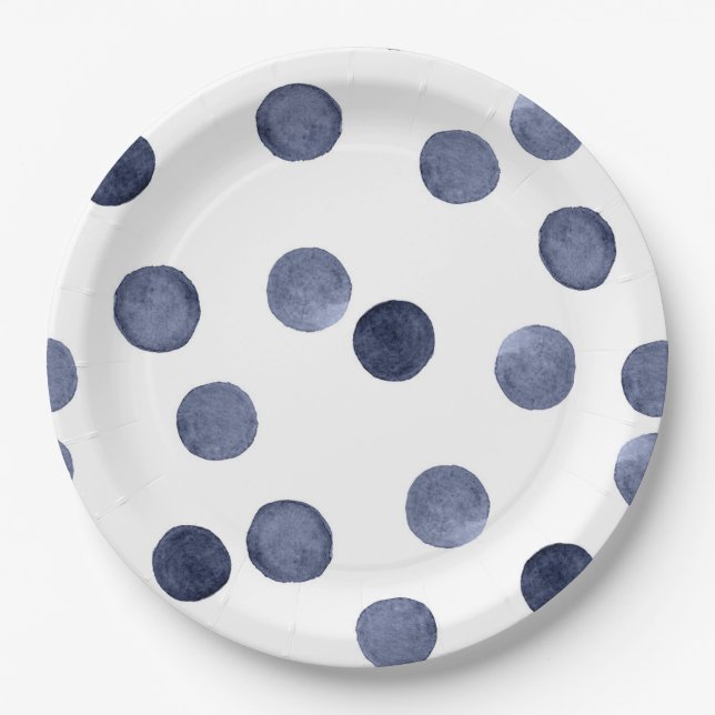 Plato De Papel Acuarela. Punto de polka azul. (Anverso)