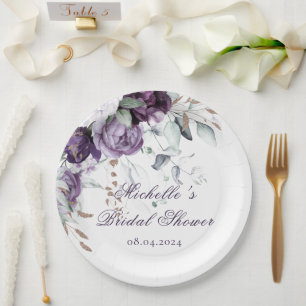 Plato De Papel Acuarela Purple Floral Elegante Ducha Bridal