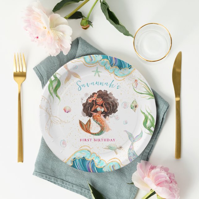 Plato De Papel Acuarela Purpurina Mermaid Cumpleaños (Subido por el creador)
