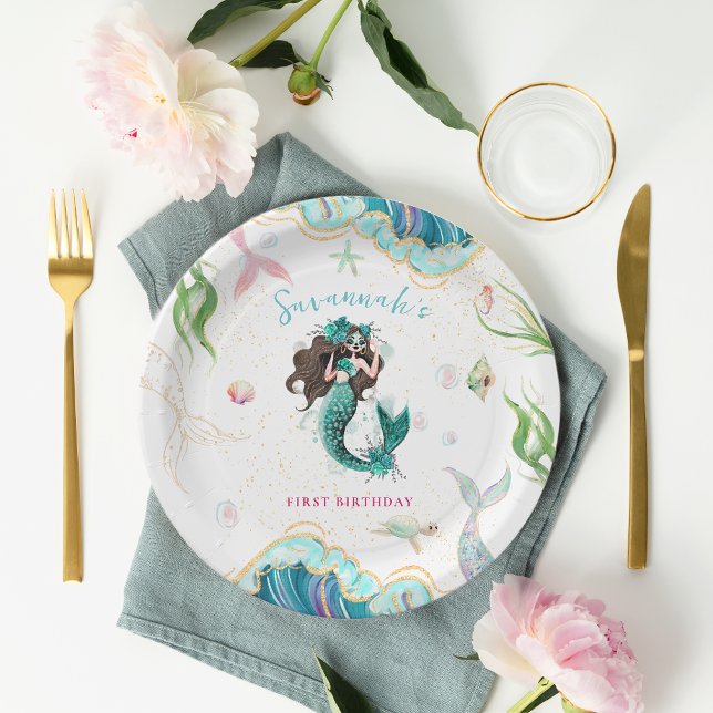 Plato De Papel Acuarela Purpurina Mermaid Cumpleaños (Subido por el creador)