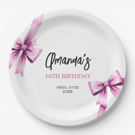 Plato De Papel Acuarela Rosa Bows Coquette Sweet 16 Cumpleaños