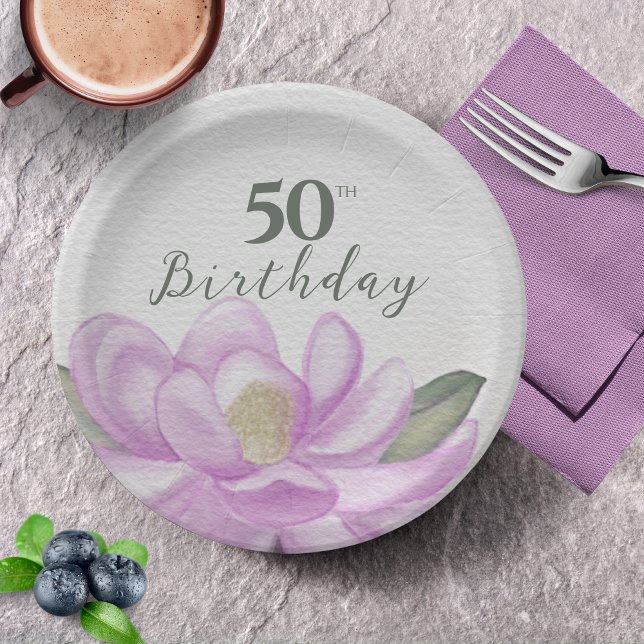 Plato De Papel Acuarela Rosa Magnolia 50 cumpleaños (Watercolor Pink Magnolia 50th Birthday Paper Plates)