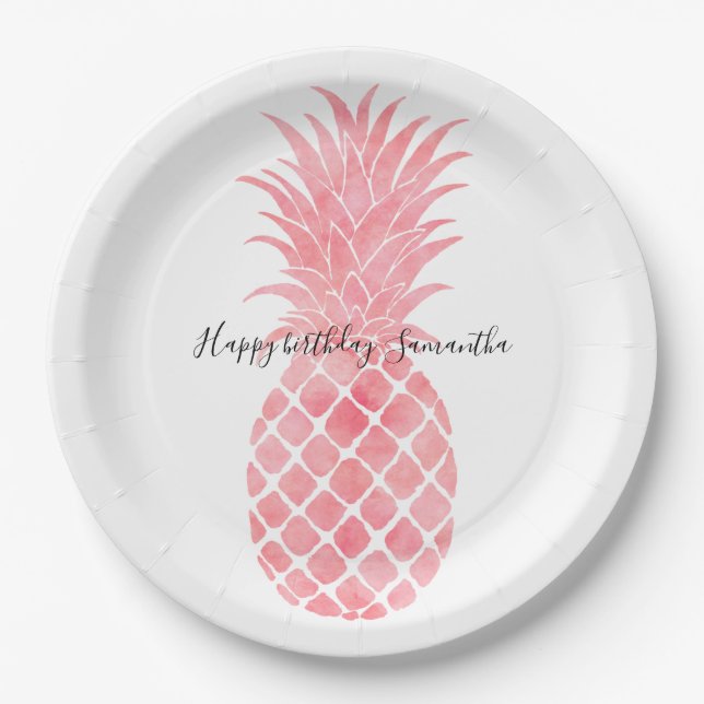 Plato De Papel Acuarela rosa Piña tropical (Anverso)