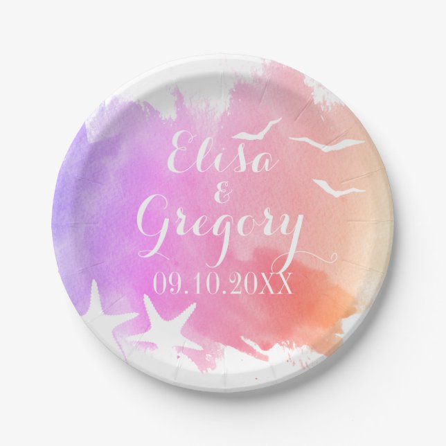 Plato De Papel acuarela rosa, playa de peces estrellas boda de ve (Anverso)