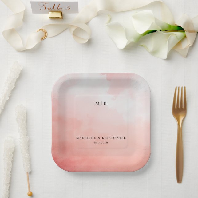 Plato De Papel Acuarela Rosa Romántica (Boda)