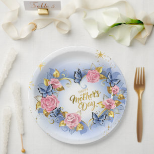 Plato De Papel Acuarela Rosa Rosa y Mariposa Azul Día de la Madre