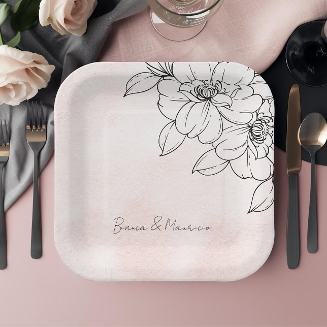 Plato De Papel Acuarela Rubor con elegante detalles florales negr (Blush Watercolor with Elegant Black Floral Detail Paper Plates)
