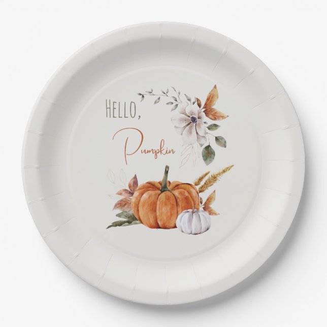 Plato De Papel Acuarela Rustic Autumn Hola Calabaza (Anverso)