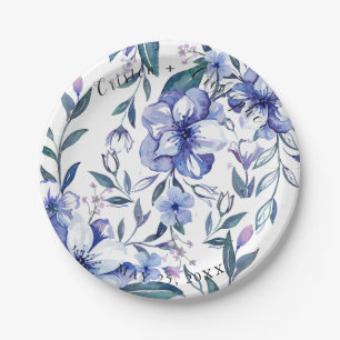 Plato De Papel Acuarela Rustic Dusty Blue Floral Boda
