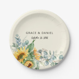 Plato De Papel Acuarela Rustica Sunflower Eucalyptus Verdor