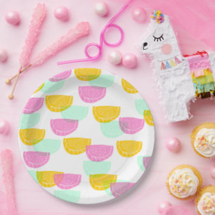 Plato De Papel Acuarela Sandía Rosa Verde Amarillo Patrón 