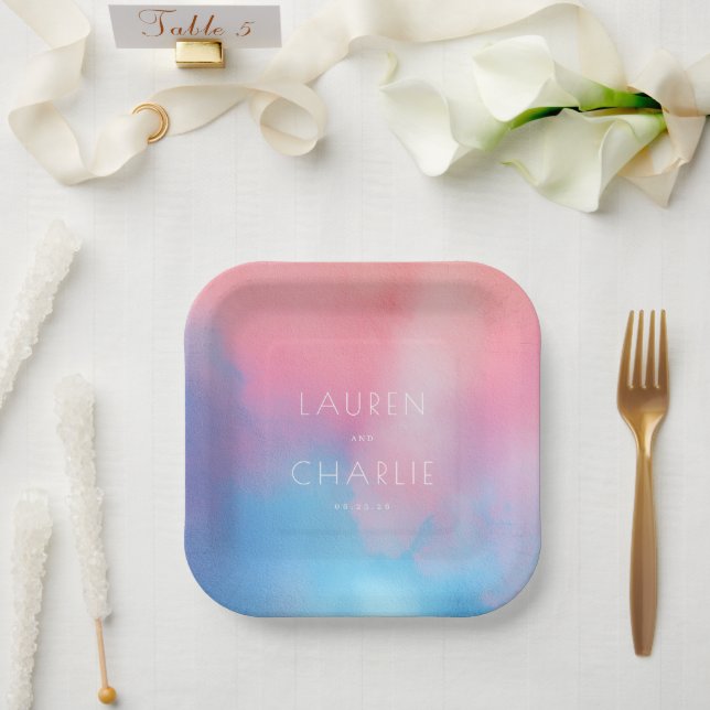 Plato De Papel Acuarela Serena Rosa Azul (Boda)