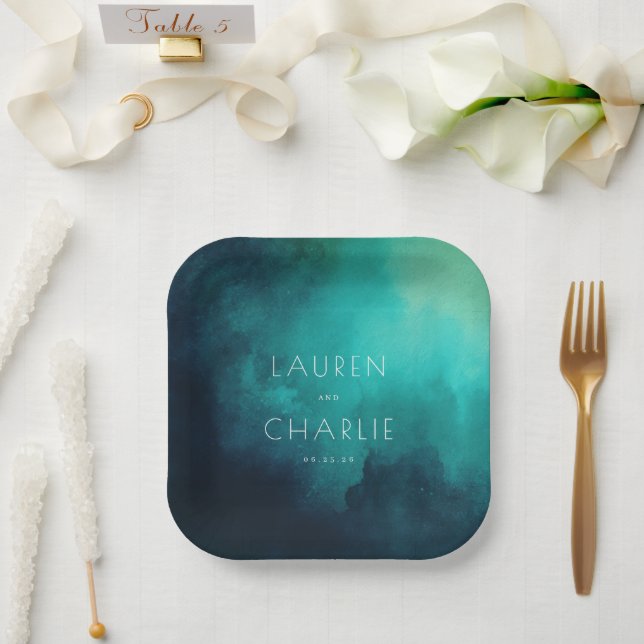 Plato De Papel Acuarela Serena Teal (Boda)