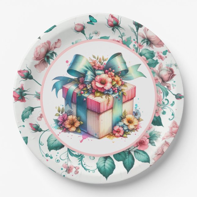 Plato De Papel Acuarela Shabby rosa Chic Floral Cumpleaños (Anverso)