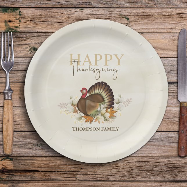 Plato De Papel Acuarela Simple Feliz Día de Acción de Gracias Sim (Happy Thanksgiving custom paper plate with turkey and greenery. )
