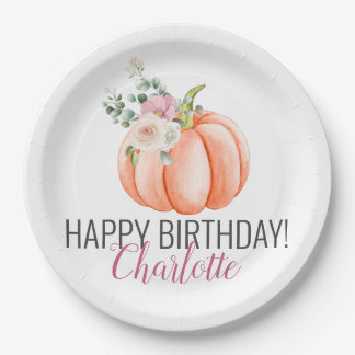 Plato De Papel Acuarela suave Floral Calabaza Cumpleaños