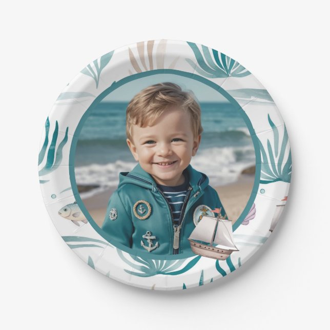 Plato De Papel Acuarela suave Ocean Photo Kids Cumpleaños (Anverso)