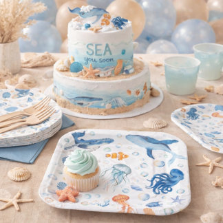 Plato De Papel acuarela Te Vemos Pronto Baby Shower Costero