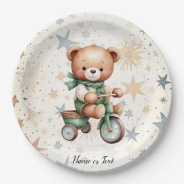 Plato De Papel Acuarela Teddy Bear Stars Green Bike Fiesta