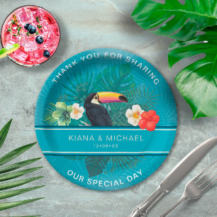Plato De Papel Acuarela Tropical con Toucan Gracias ID577 Verde a