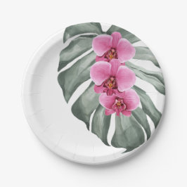 Plato De Papel Acuarela tropical exótica orquídeas rosadas calien