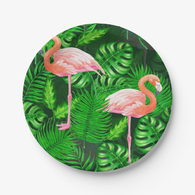 Plato De Papel acuarela tropical flamenca (Anverso)