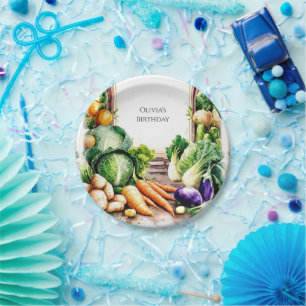Plato De Papel Acuarela Vegetales Mercado Cumpleaños