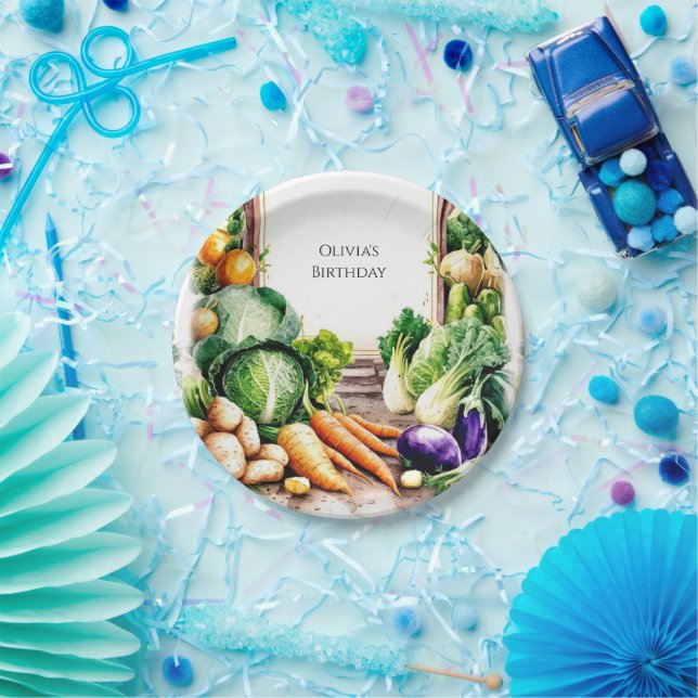 Plato De Papel Acuarela Vegetales Mercado Cumpleaños (Fiesta)