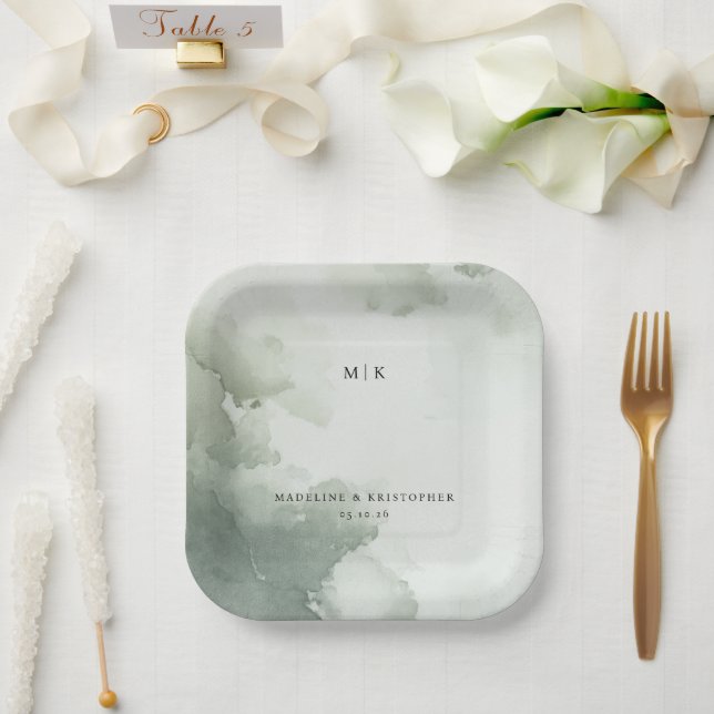 Plato De Papel Acuarela Verde Serena (Boda)