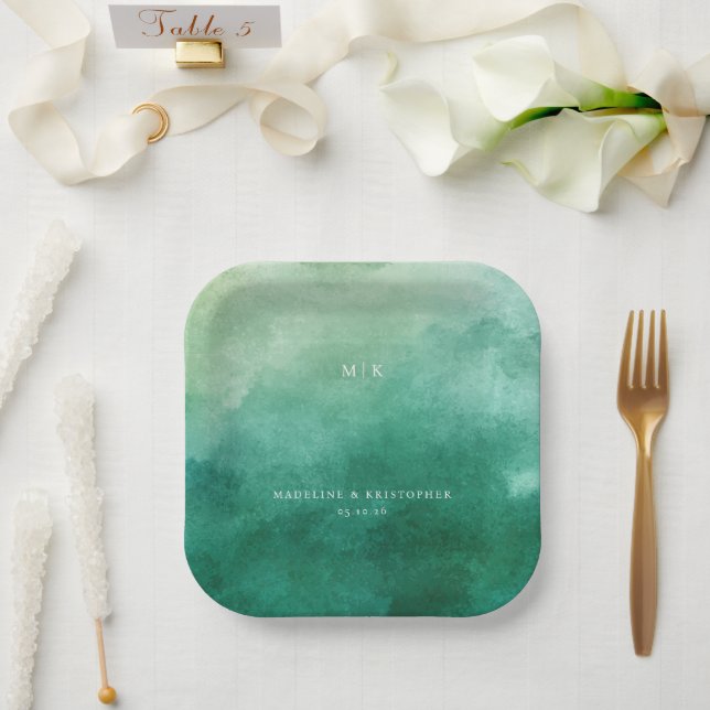 Plato De Papel Acuarela Verde Tranquila (Boda)
