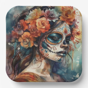 Plato De Papel Acuarela vibrante Dia de los Muertos Catrina
