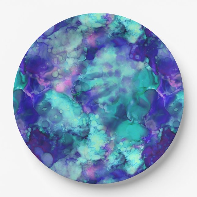 Plato De Papel acuarelas de fantasía azul: (Anverso)