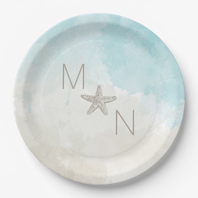 Plato De Papel Acuarelas de playa con peces estrella (Anverso)