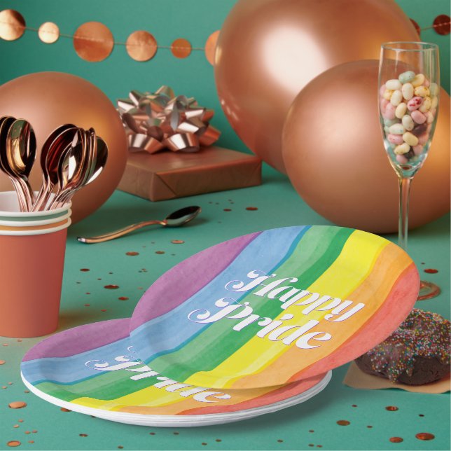 Plato De Papel Acuarelas Feliz Orgullo Arcoíris (Multi)