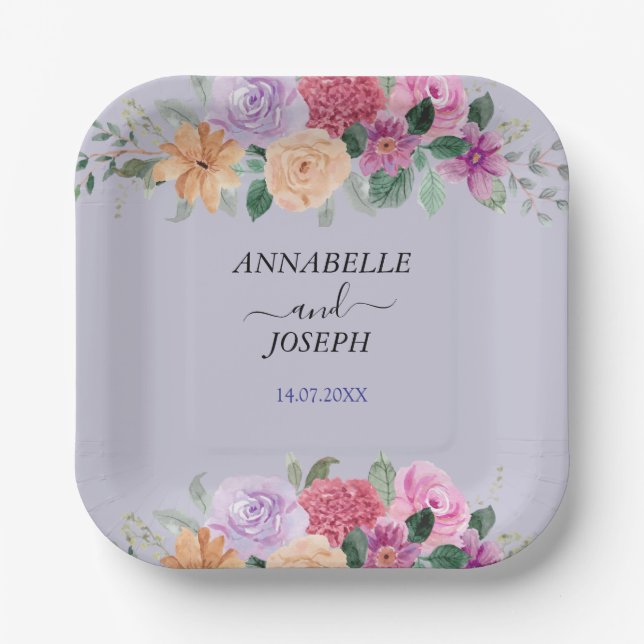Plato De Papel acuarelas Florales Botánica Moderna Boda (Anverso)