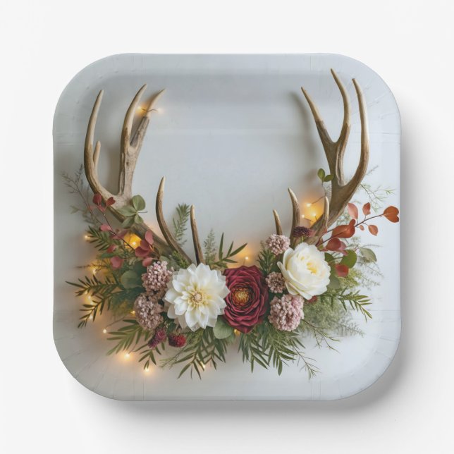 Plato De Papel Acuerdo Boda Deer Antlers (Anverso)