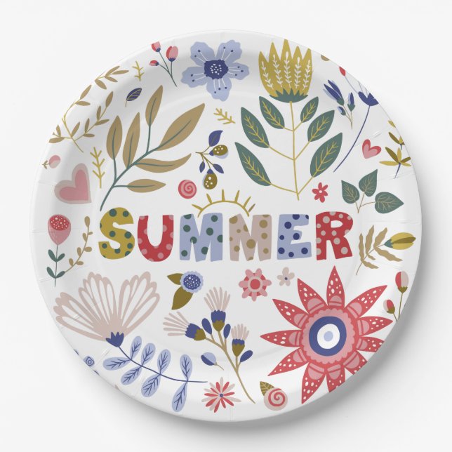 Plato De Papel Adiós Escuela, Hola Summer Y Flores (Anverso)