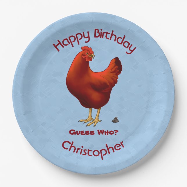 Plato De Papel Adivina quién es el pollo poo rojo Hen (Anverso)