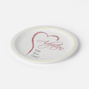 Plato De Papel Adopción, Religioso, Puntos Amarillos con Corazón 