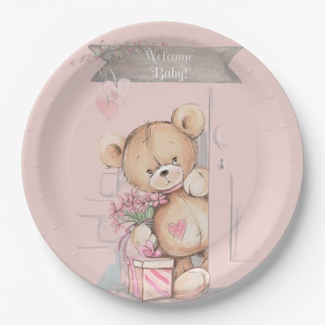 Plato De Papel Adorable acuarela Teddy Bear Baby Shower (Anverso)