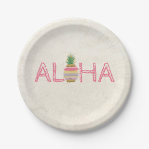Plato De Papel Adorable Aloha Hawaiano de Rayas de Piña