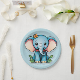 Plato De Papel Adorable Baby Elephant Blue