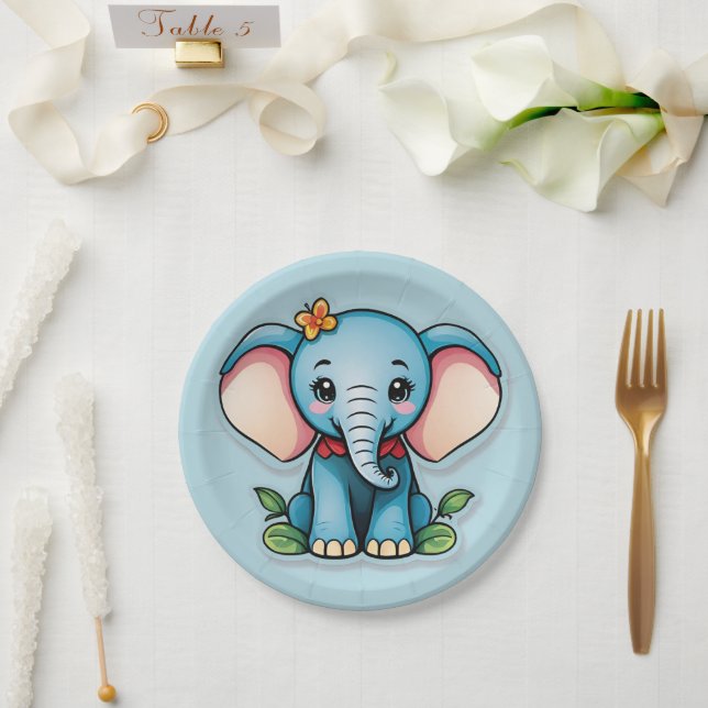 Plato De Papel Adorable Baby Elephant Blue (Boda)
