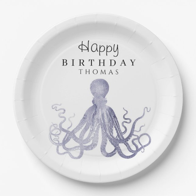 Plato De Papel Adorable bajo el mar Octopus cumpleaños (Anverso)