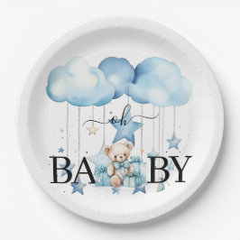 Plato De Papel Adorable Blue Watercolor Teddy Bear Baby Shower