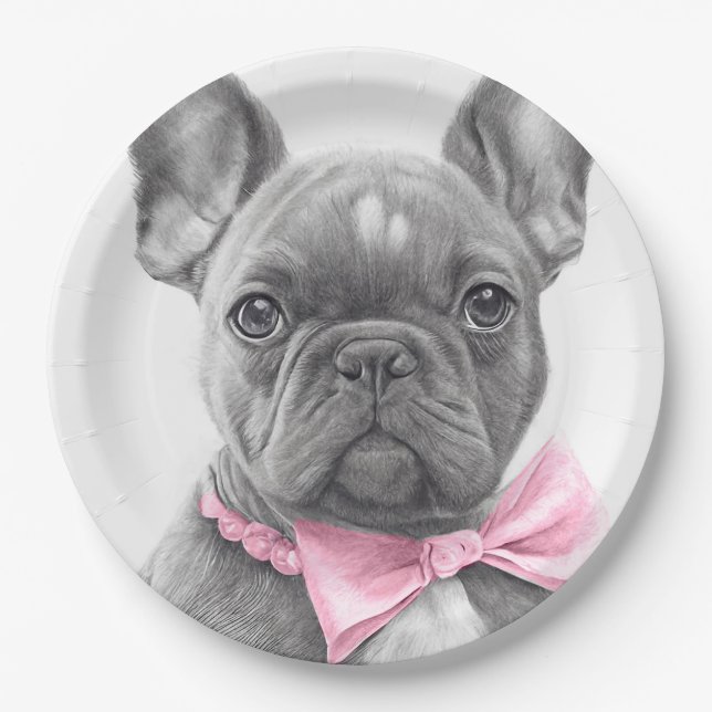 Plato De Papel Adorable cachorro de bulldog francés con arco rosa (Anverso)