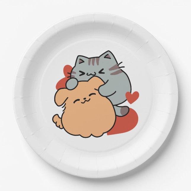 Plato De Papel Adorable Cat and Dog Hug - Diseño de Meow & Woof (Anverso)